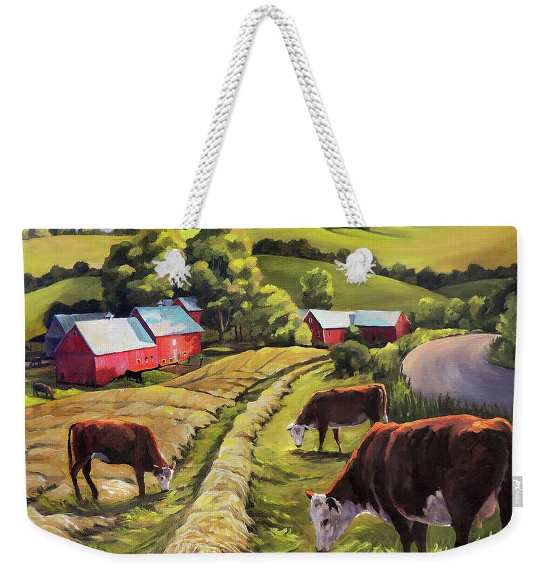 Vermont Art Weekender Tote Bag featuring the painting Vermont Going For the Green on Jenne Farm by Nancy Griswold