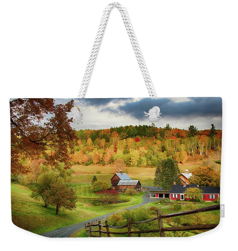Sleepy Hollow Farm Weekender Tote Bag featuring the photograph Vermont Sleepy Hollow in fall foliage by Jeff Folger