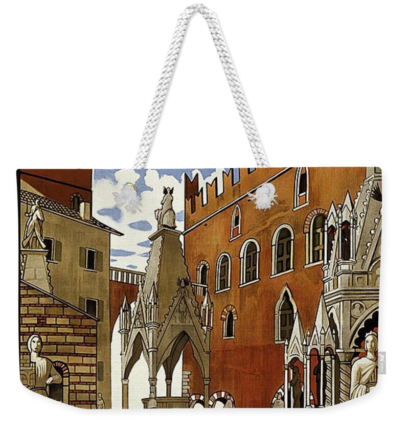 Verona Weekender Tote Bag featuring the painting Verona, Medieval town, Italy, travel poster by Long Shot