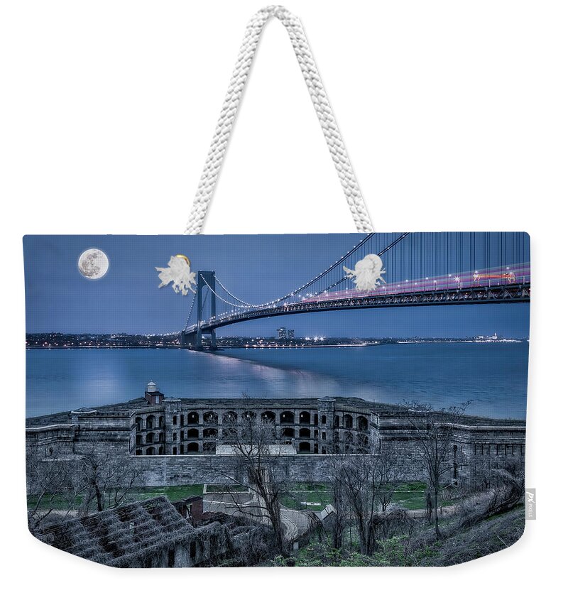 Verrazano Narrows Bridge Weekender Tote Bag featuring the photograph Verrazano Narrows Bridge Full Moon by Susan Candelario