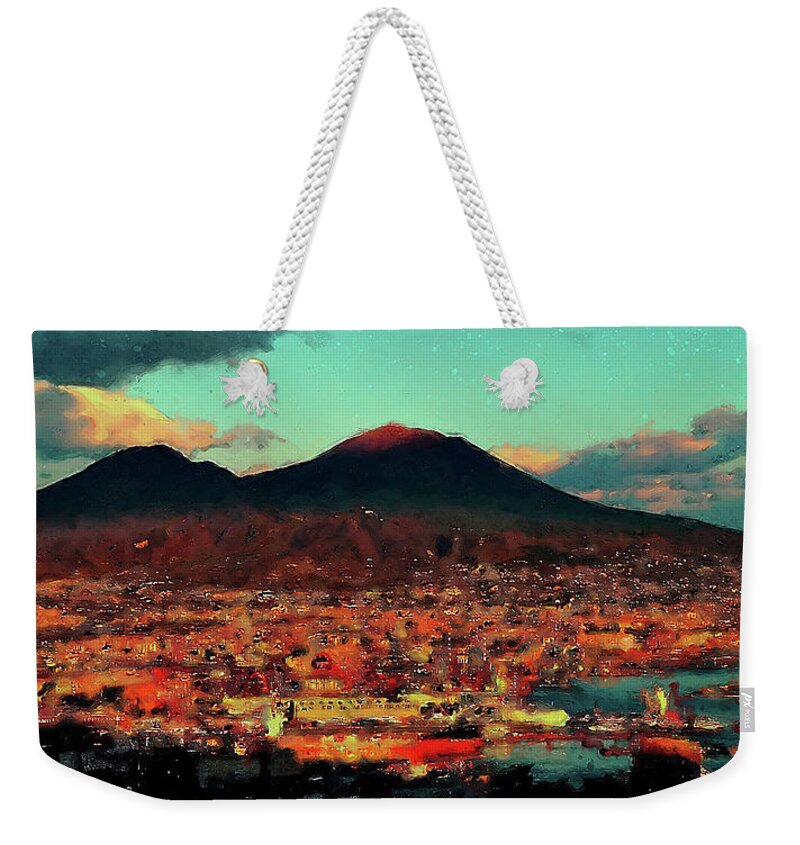 Gulf Of Naples Weekender Tote Bag featuring the painting Vesuvio, panorama from Naples - 01 by AM FineArtPrints