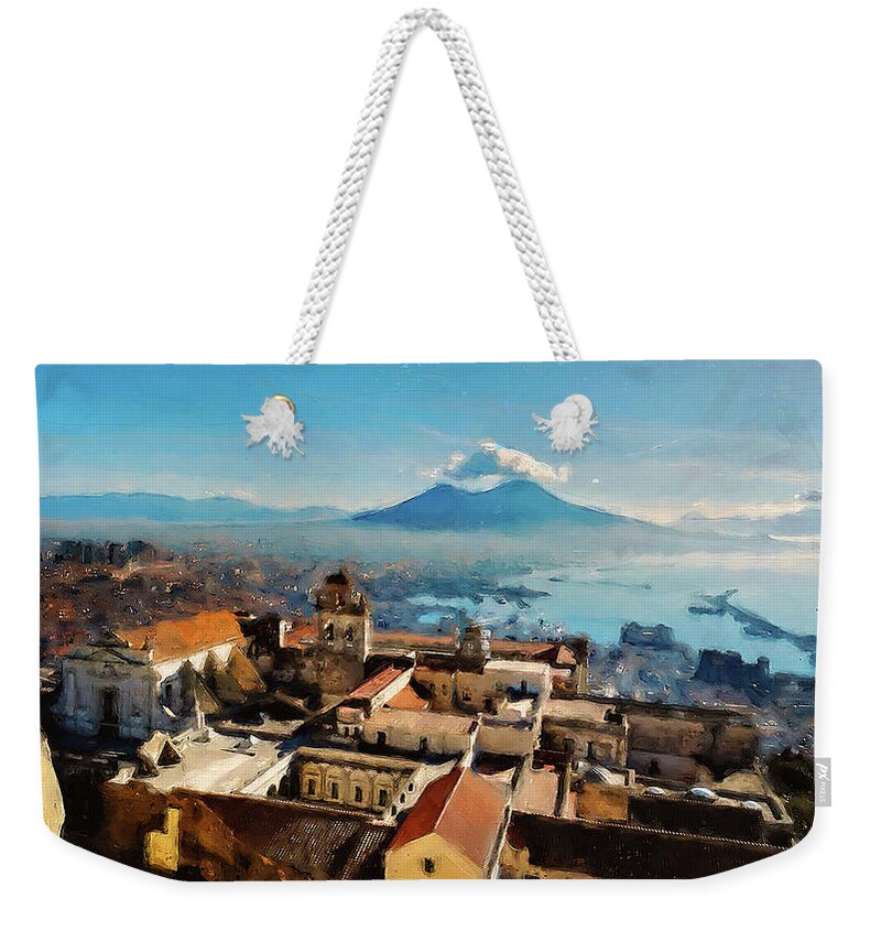 Gulf Of Naples Weekender Tote Bag featuring the painting Vesuvio, panorama from Naples - 03 by AM FineArtPrints