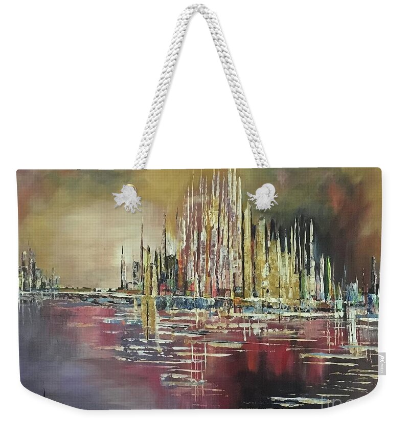 Cityscape  Weekender Tote Bag featuring the painting Vibrant City by Maria Karlosak