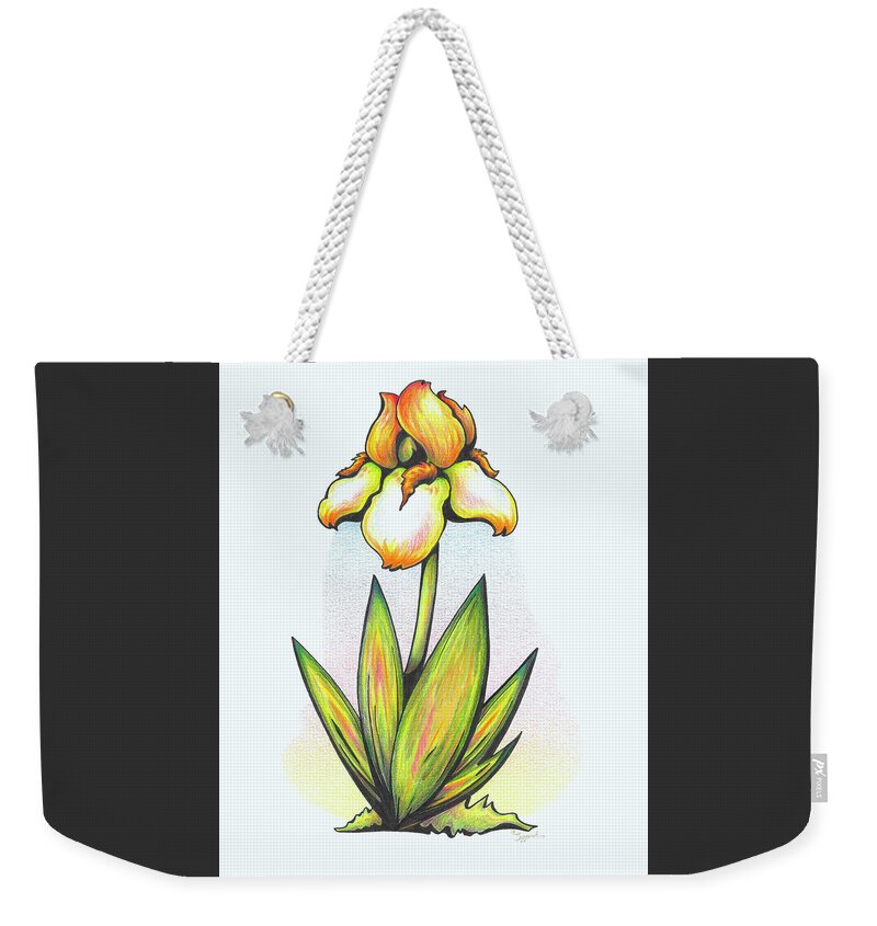 Iris Weekender Tote Bag featuring the drawing Vibrant Flower 7 Iris by Sipporah Art and Illustration