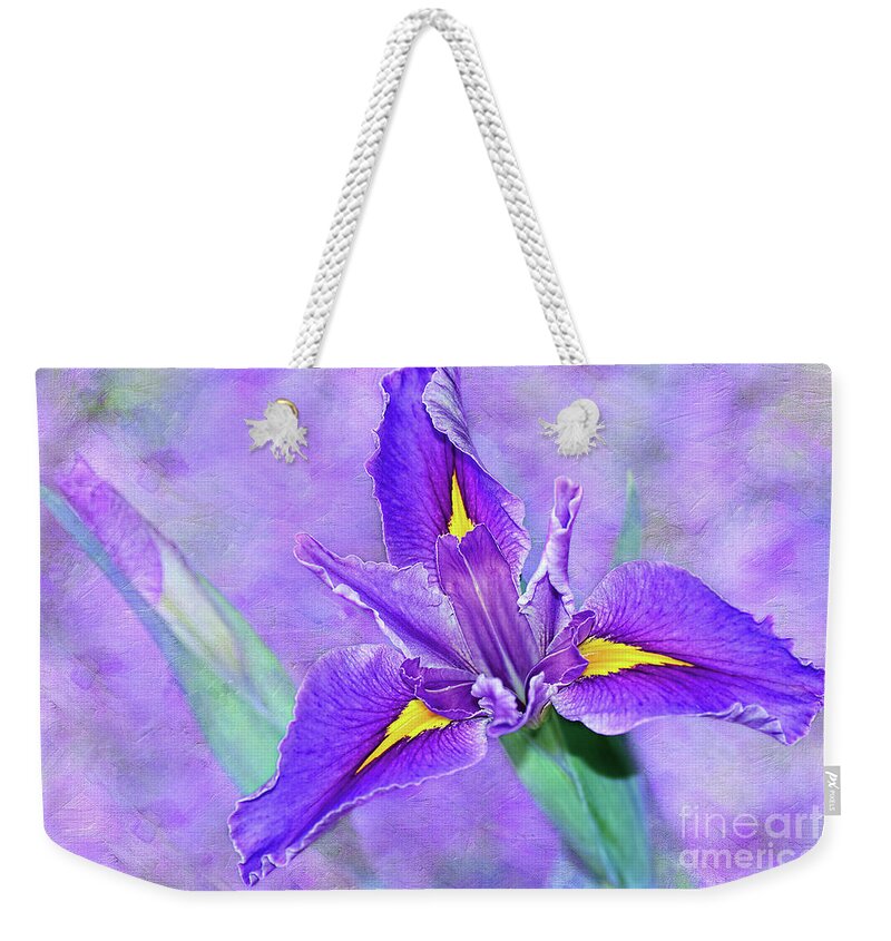 Vibrant Iris On Purple Bokeh Weekender Tote Bag featuring the photograph Vibrant Iris on Purple Bokeh by Kaye Menner by Kaye Menner