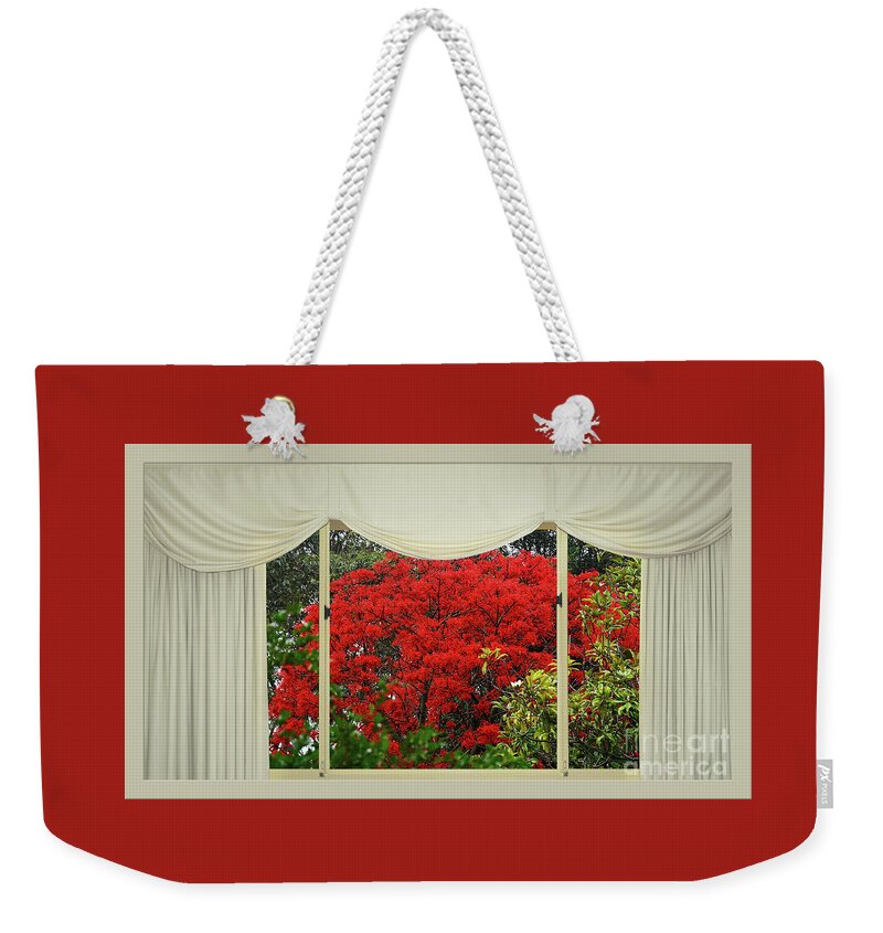Vibrant Red Blossoms Window View Weekender Tote Bag featuring the photograph Vibrant Red Blossoms Window View by Kaye Menner by Kaye Menner