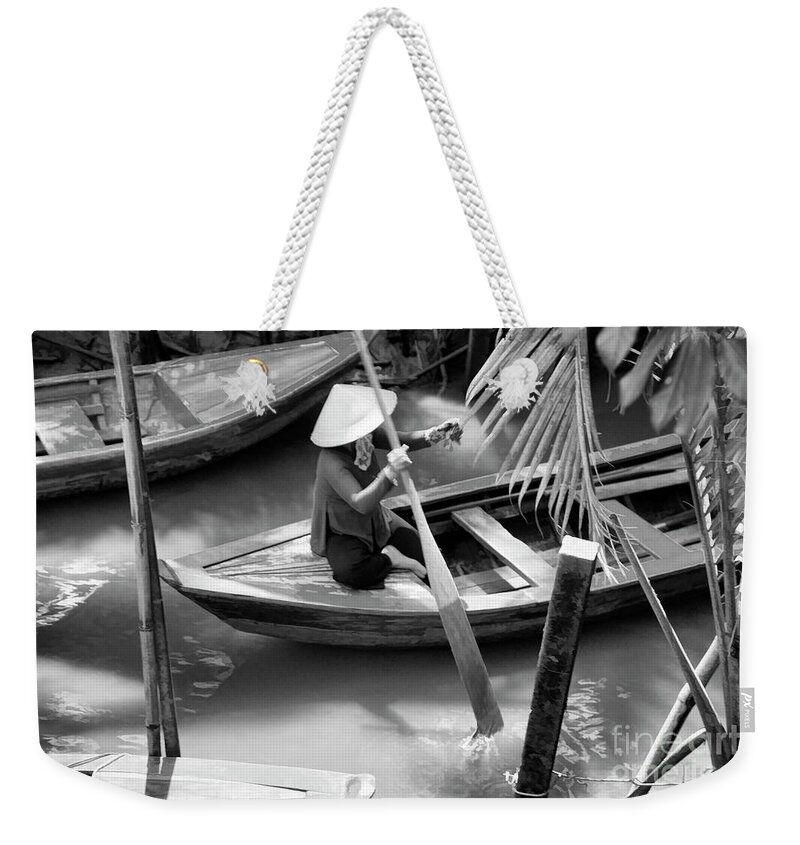 Vietnam Weekender Tote Bag featuring the photograph Vietnamese Woman Boat Ores Really for Tourist Mekong Delta by Chuck Kuhn