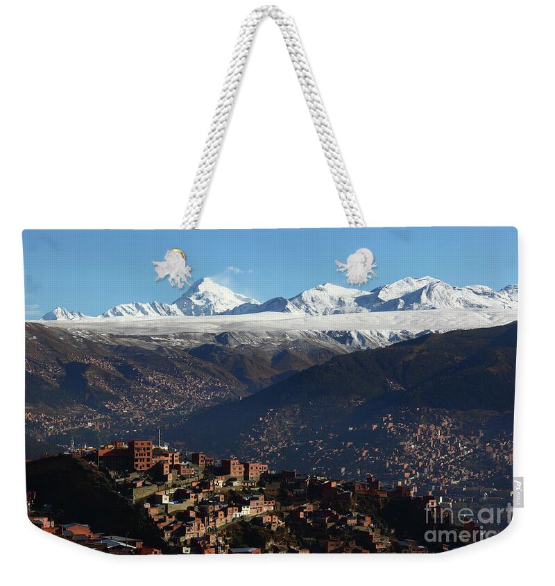 Bolivia Weekender Tote Bag featuring the photograph View Across La Paz to the Cordillera Real Mountains Bolivia by James Brunker