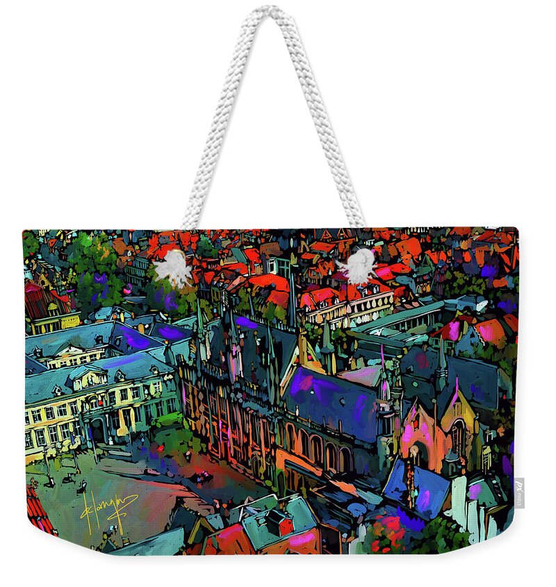 A View From The Clock Tower Weekender Tote Bag featuring the painting View from Clock Tower, Bruges, Blegium by DC Langer