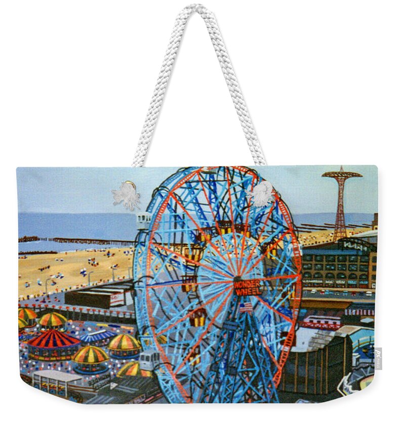 Coney Island Beach Weekender Tote Bag featuring the painting View From The Top Of The Cyclone Rollercoaster by Bonnie Siracusa