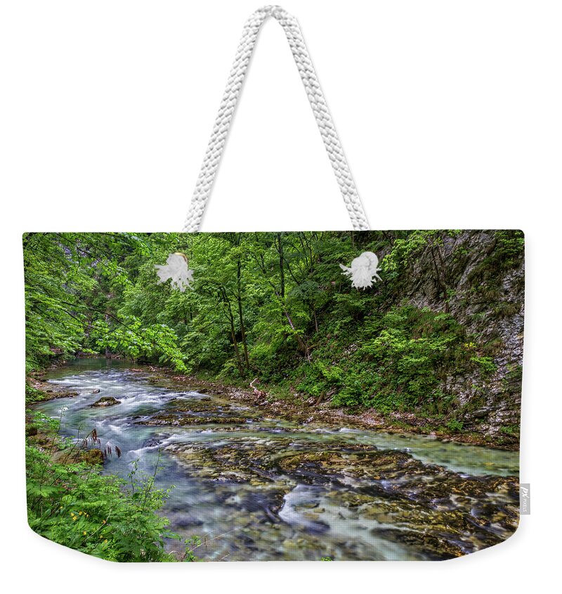 Slovenia Weekender Tote Bag featuring the photograph View in Vintgar Gorge - Slovenia by Stuart Litoff