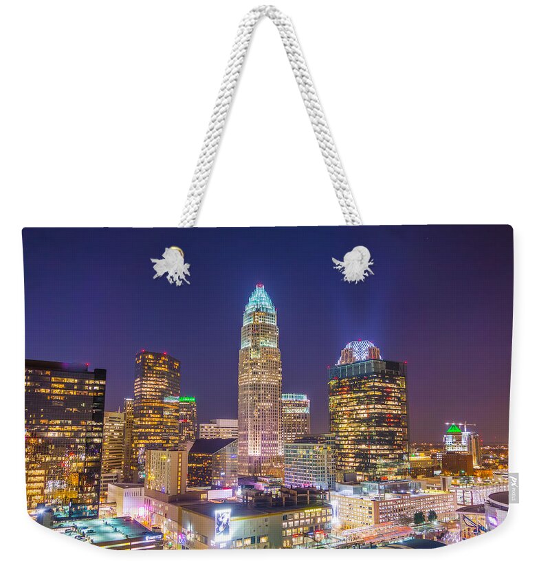 North Weekender Tote Bag featuring the photograph View Of Charlotte Skyline Aerial At Sunset by Alex Grichenko