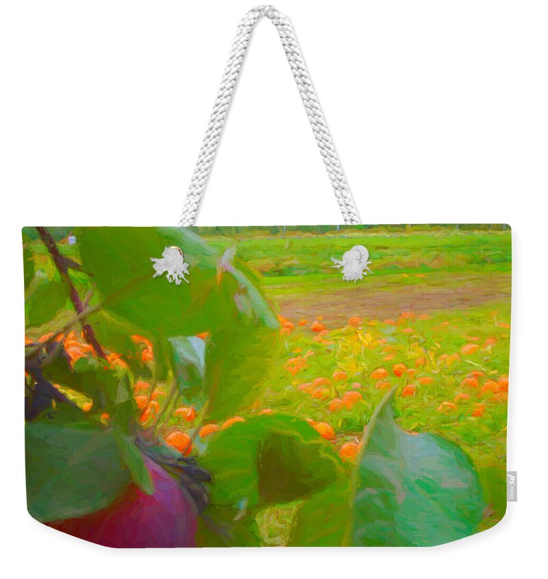 Farm Landscape Weekender Tote Bag featuring the mixed media View of the Pumpkin Patch by Susan Lafleur