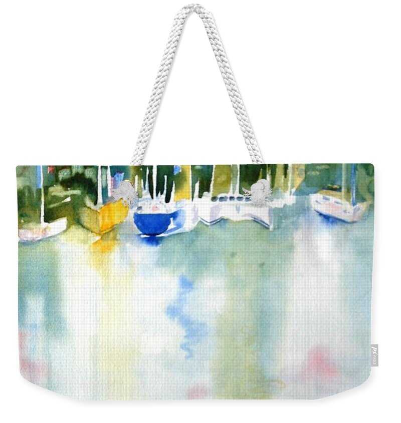 Caribbean Weekender Tote Bag featuring the painting Village Cay Reflections by Diane Kirk