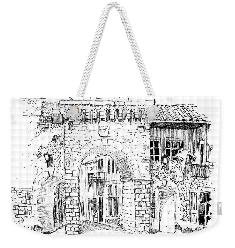 Architecture Weekender Tote Bag featuring the drawing Village Gate in Old Le Thor France by Ken Pieper