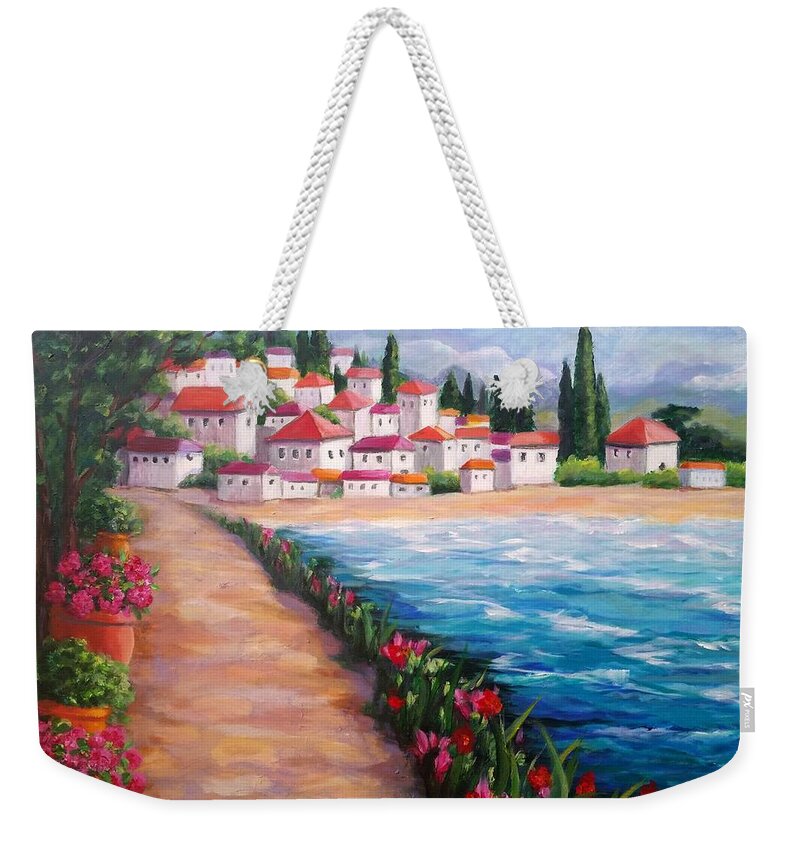 Landscape Weekender Tote Bag featuring the painting Villas by the Sea by Rosie Sherman