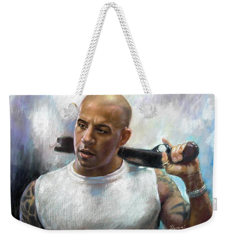 Vin Diesel Weekender Tote Bag featuring the pastel Vin Diesel by Ylli Haruni