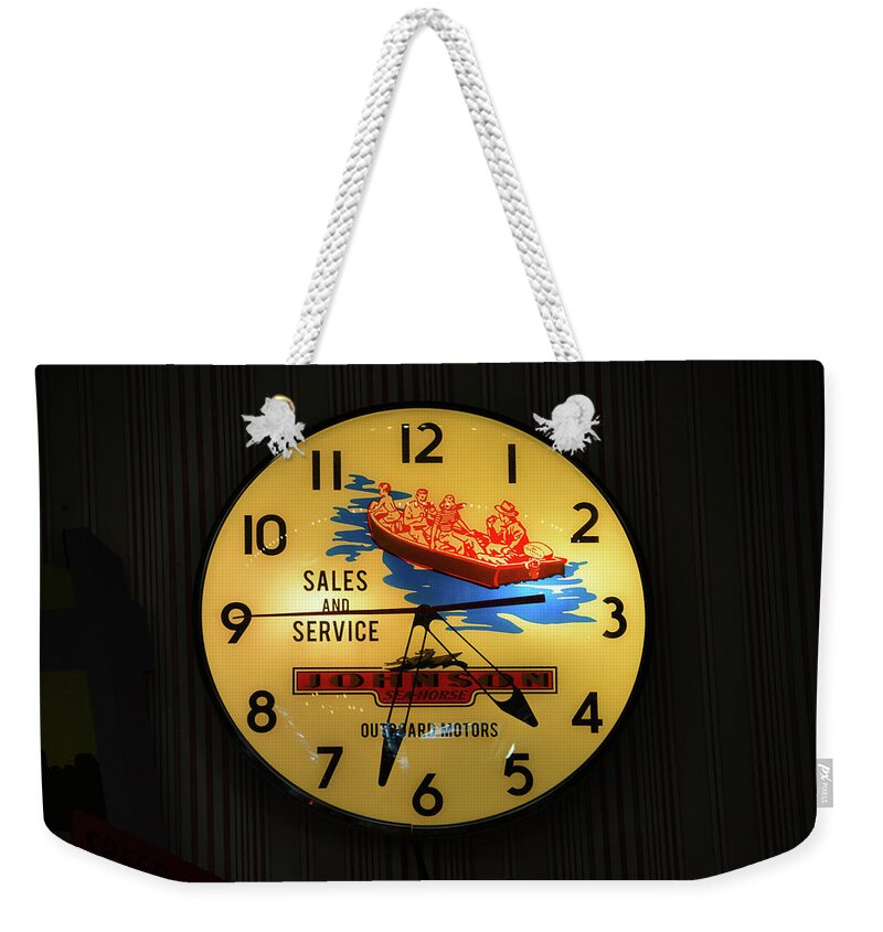 Vintage Johnson Outboard Motors Clock Weekender Tote Bag featuring the photograph Vintage boating clock by David Lee Thompson