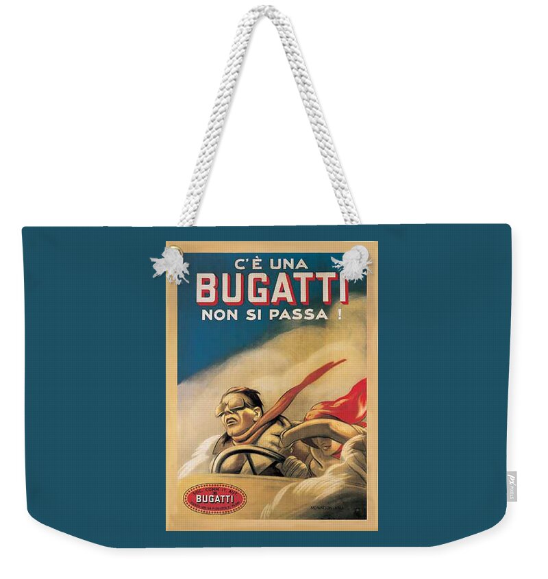 Vintage Bugatti Car Advert Weekender Tote Bag featuring the digital art Vintage Bugatti Advert by Marlene Watson