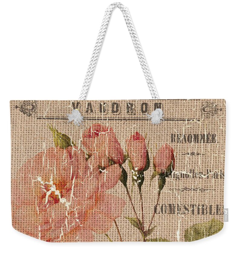 Floral Weekender Tote Bag featuring the painting Vintage Burlap Floral 4 by Debbie DeWitt