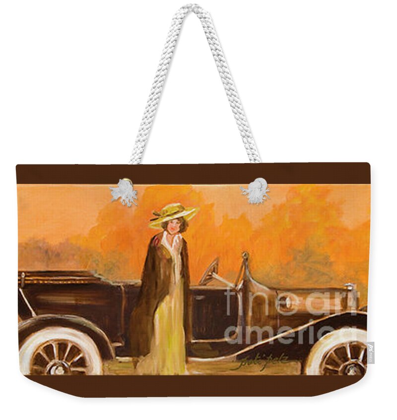  Weekender Tote Bag featuring the painting Vintage Car and Lady by Pati Pelz