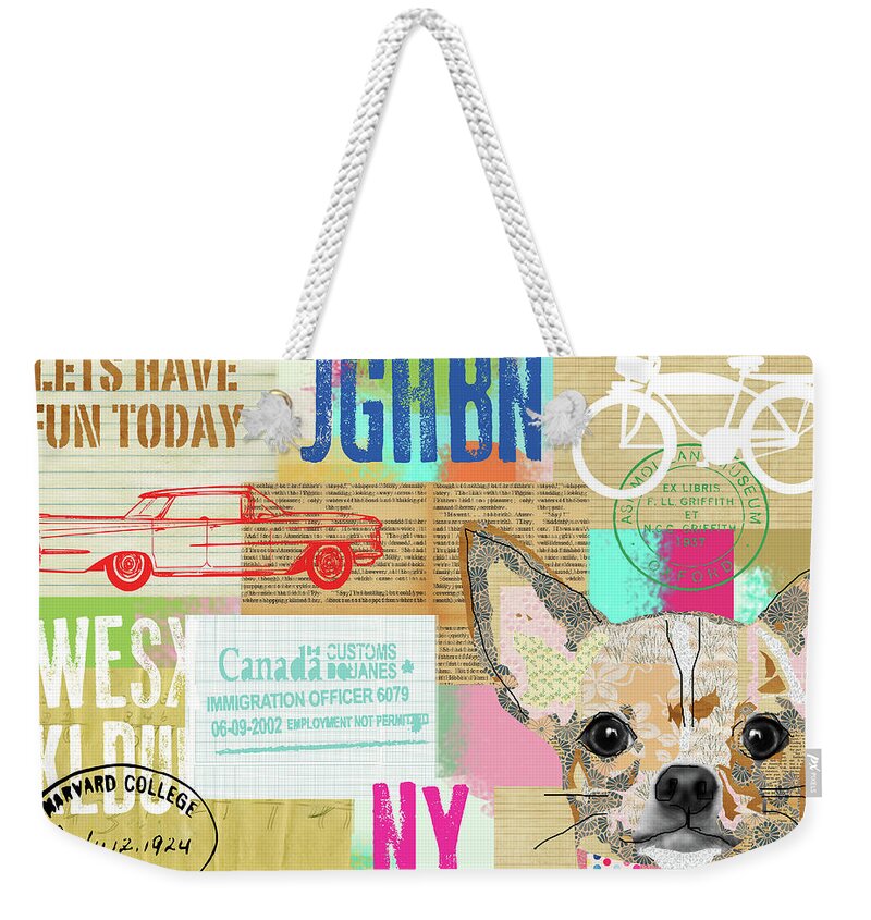Vintage Collage Chihuahua Weekender Tote Bag featuring the mixed media Vintage Collage Chihuahua by Claudia Schoen