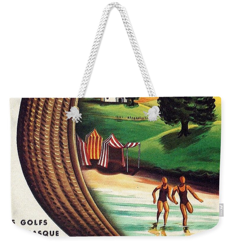 Vintage French Travel Poster Weekender Tote Bag featuring the painting Vintage French travel poster, two swimmers on the coast by Long Shot