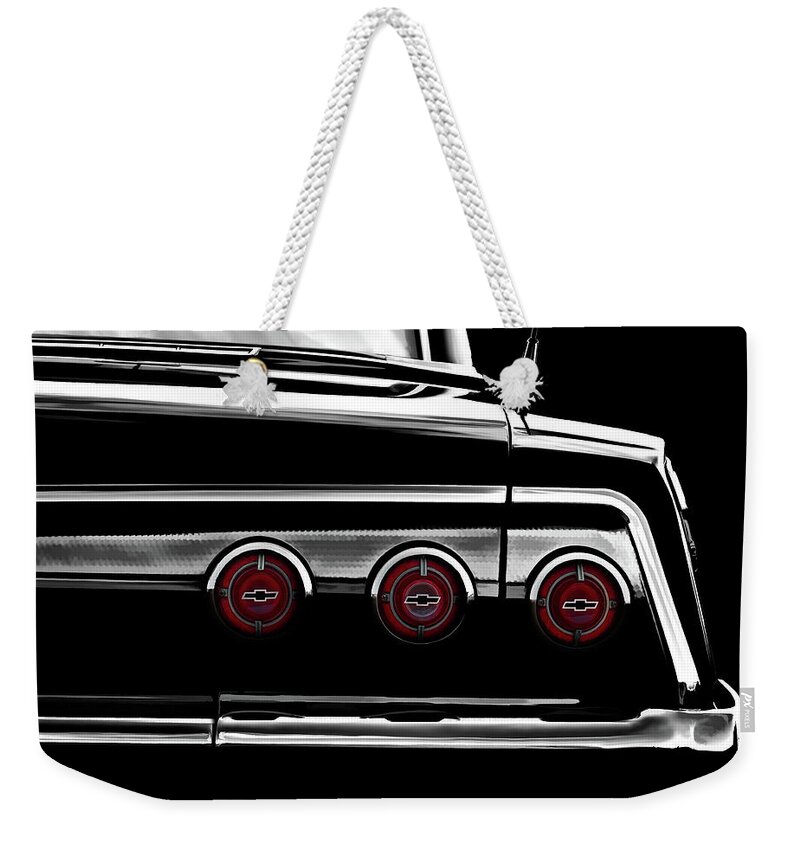 Transportation Weekender Tote Bag featuring the digital art Vintage Impala Black and White by Douglas Pittman