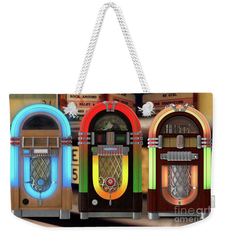 Juke Weekender Tote Bag featuring the digital art Vintage Jukeboxes by Edward Fielding