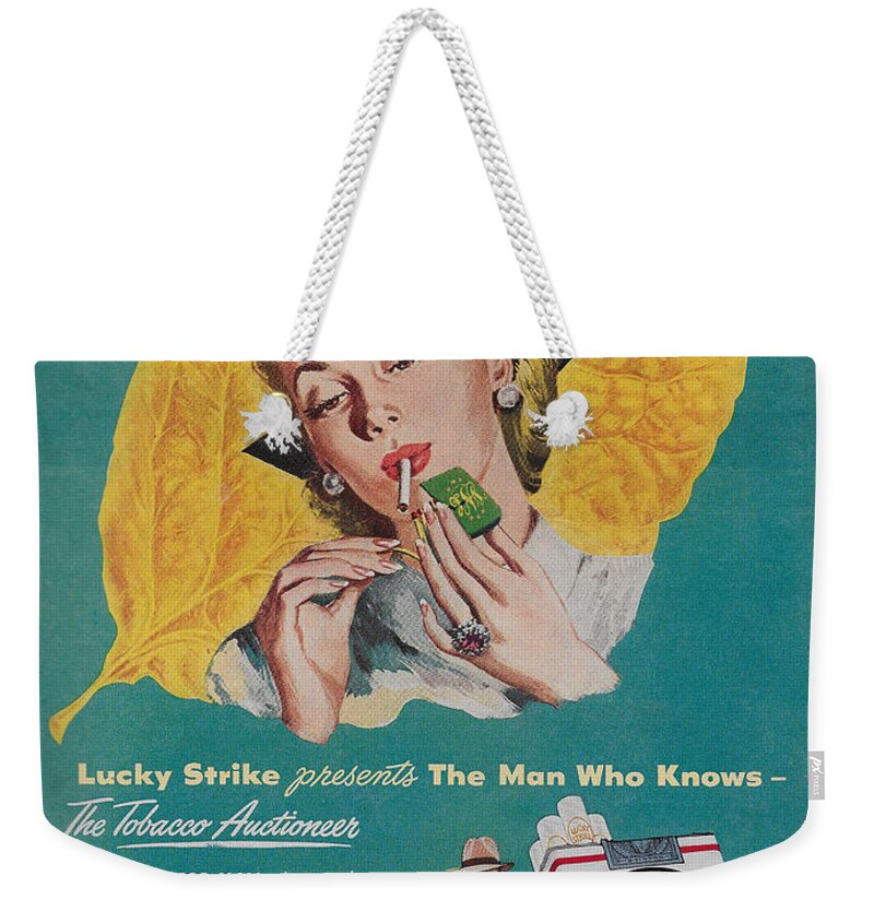 James Smullins Weekender Tote Bag featuring the mixed media Vintage Lucky Strike ad by James Smullins