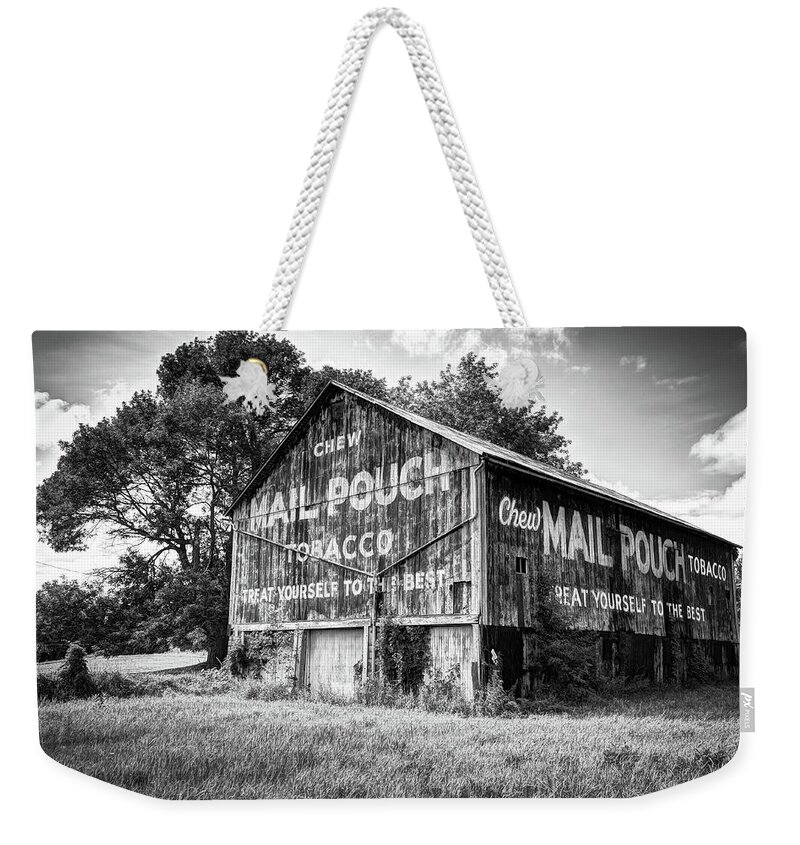 America Weekender Tote Bag featuring the photograph Vintage Mail Pouch Tobacco Barn - Black and White Edition by Gregory Ballos