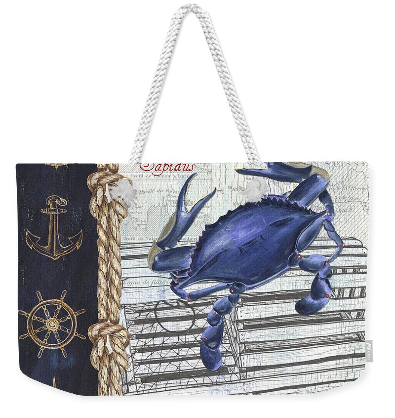 Crab Weekender Tote Bag featuring the painting Vintage Nautical Crab by Debbie DeWitt