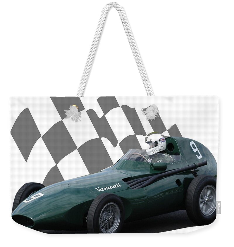 Racing Car Weekender Tote Bag featuring the photograph Vintage Racing Car and Flag 5 by John Colley