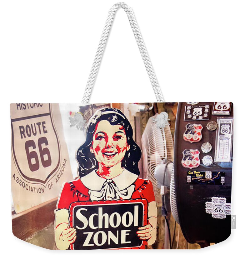 Route 66 Weekender Tote Bag featuring the photograph Vintage school zone sign by Tatiana Travelways
