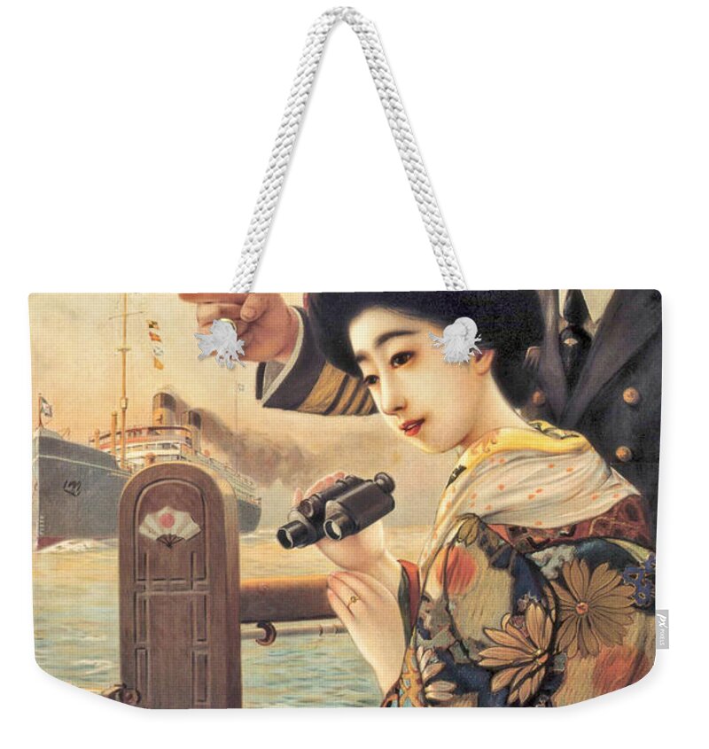 Vintage Weekender Tote Bag featuring the painting Vintage travel advertising poster from Japan by Long Shot