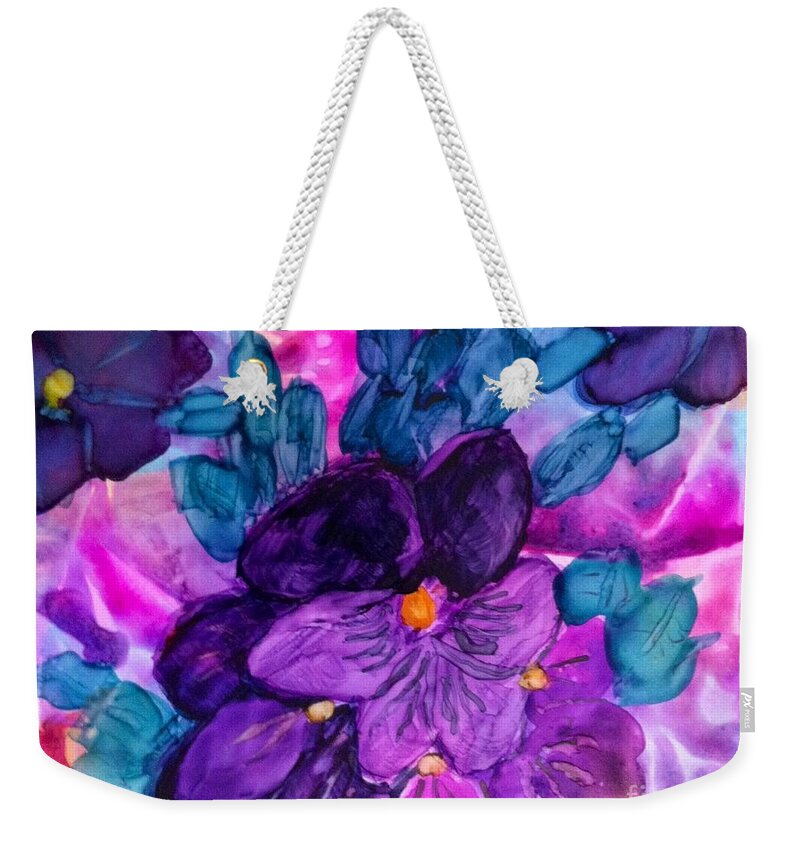 Flower Weekender Tote Bag featuring the painting Violet Fantasy by Eunice Warfel