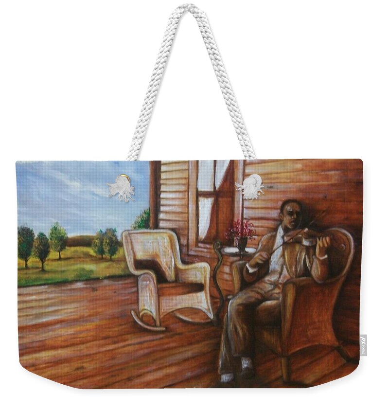 Emery Franklin Weekender Tote Bag featuring the painting Violin Man by Emery Franklin