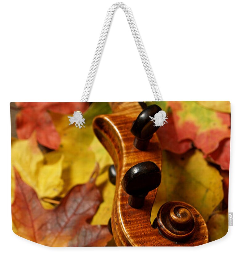 Violin Weekender Tote Bag featuring the photograph Violin Scroll with Fall Maple Leaves by Anna Lisa Yoder