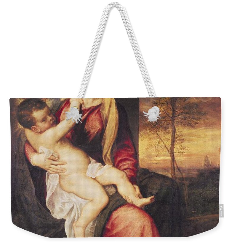Virgin Weekender Tote Bag featuring the painting Virgin with Child at Sunset by Titian