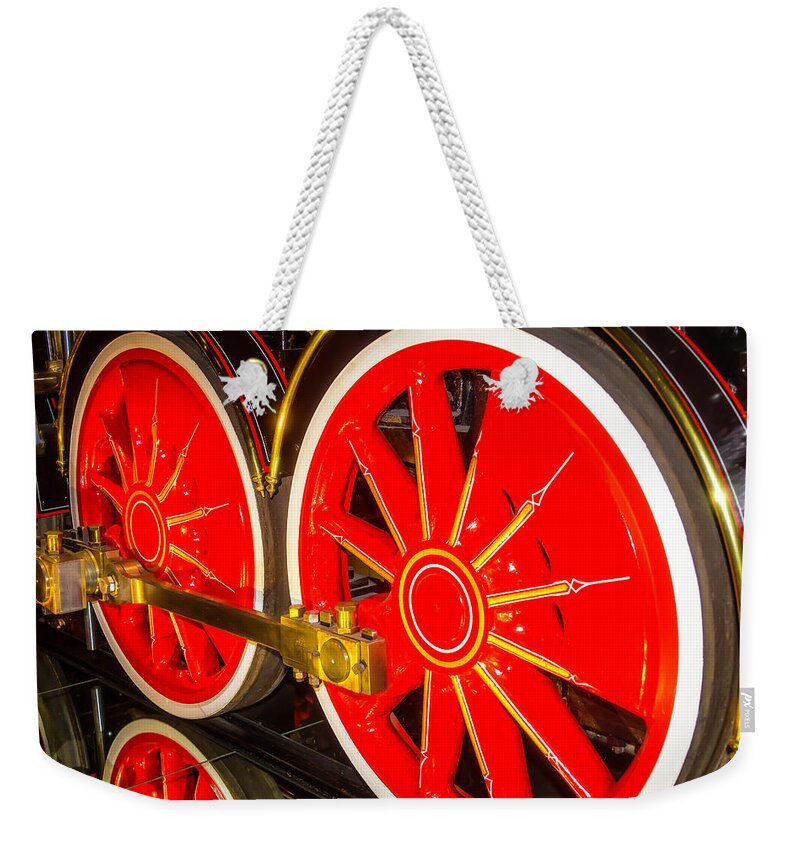 Virginia & Truckee.r.r. Weekender Tote Bag featuring the photograph Virginia and Truckee Large Red Train Wheels by Garry Gay