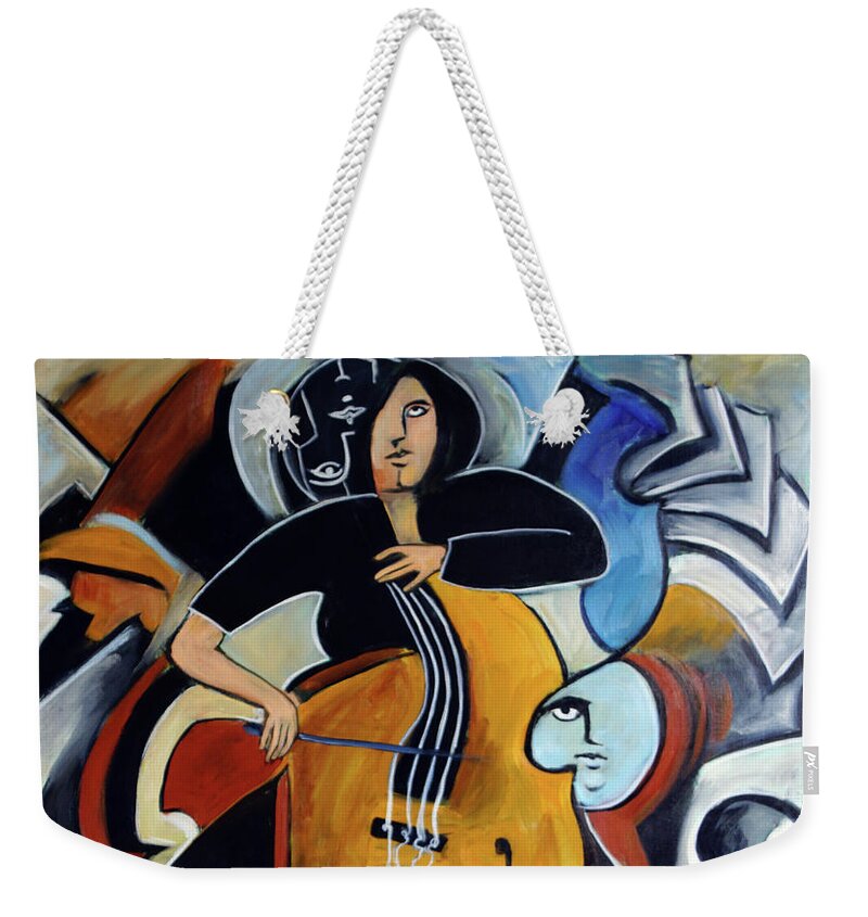 Cellist Weekender Tote Bag featuring the painting Virtuoso by Valerie Vescovi