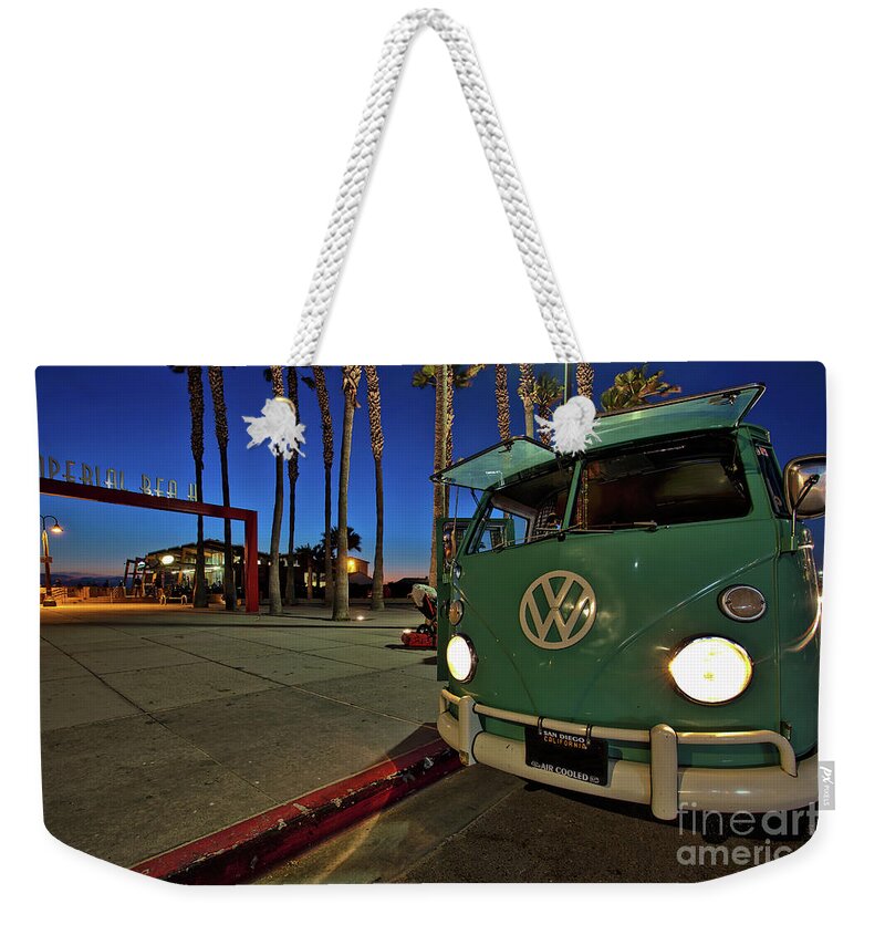 Imperial Beach Weekender Tote Bag featuring the photograph Volkswagen Bus at the Imperial Beach Pier by Sam Antonio