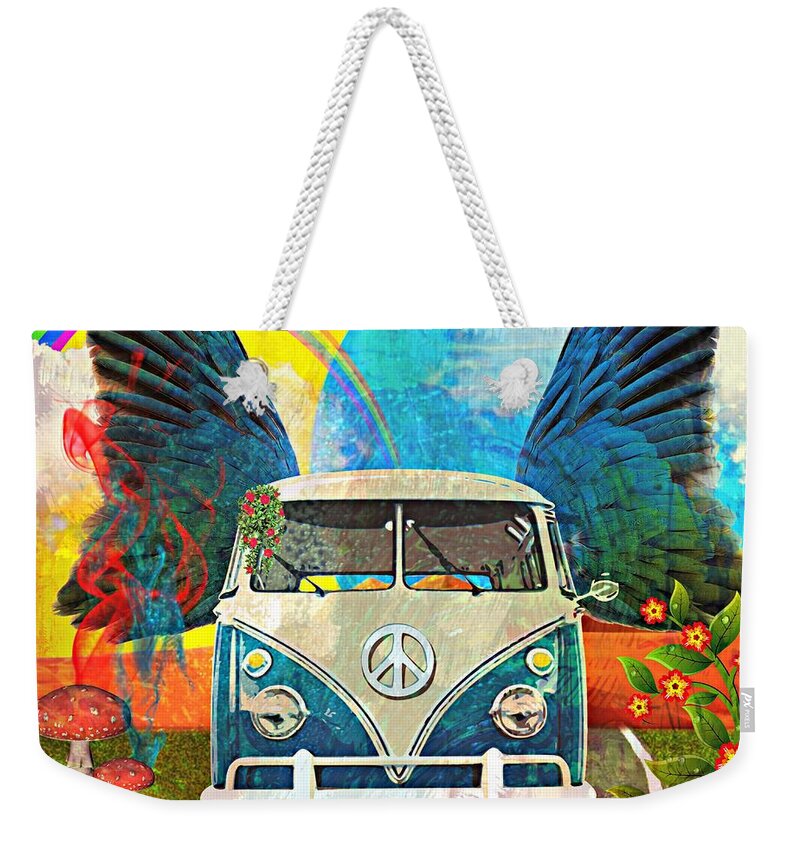 Volkswagen Weekender Tote Bag featuring the mixed media VW Bus Trip by Ally White