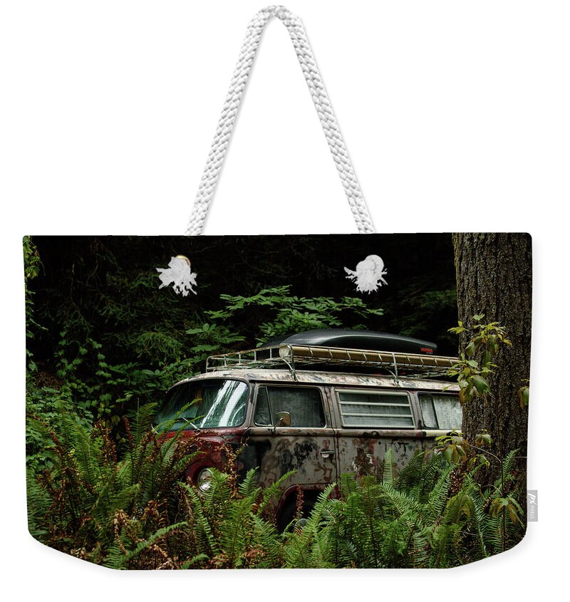 Beetle Weekender Tote Bag featuring the photograph VW Hides in the Woods by Richard Kimbrough