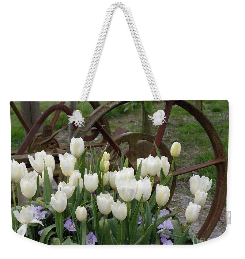 White Weekender Tote Bag featuring the photograph Wagon Wheel Tulips by Louise Magno