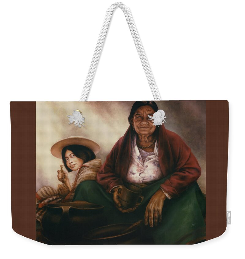 Prints Weekender Tote Bag featuring the painting Waiting for the Sunset by Yvonne Wright