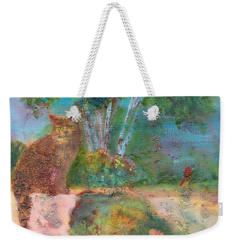 Cat Weekender Tote Bag featuring the painting Waiting Patiently by Denise Hoag
