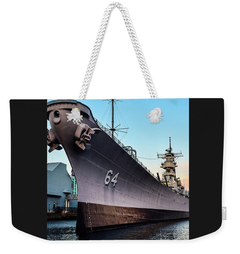 Uss Wisconsin Weekender Tote Bag featuring the photograph Wake up to the Wisconsin by Nicole Lloyd