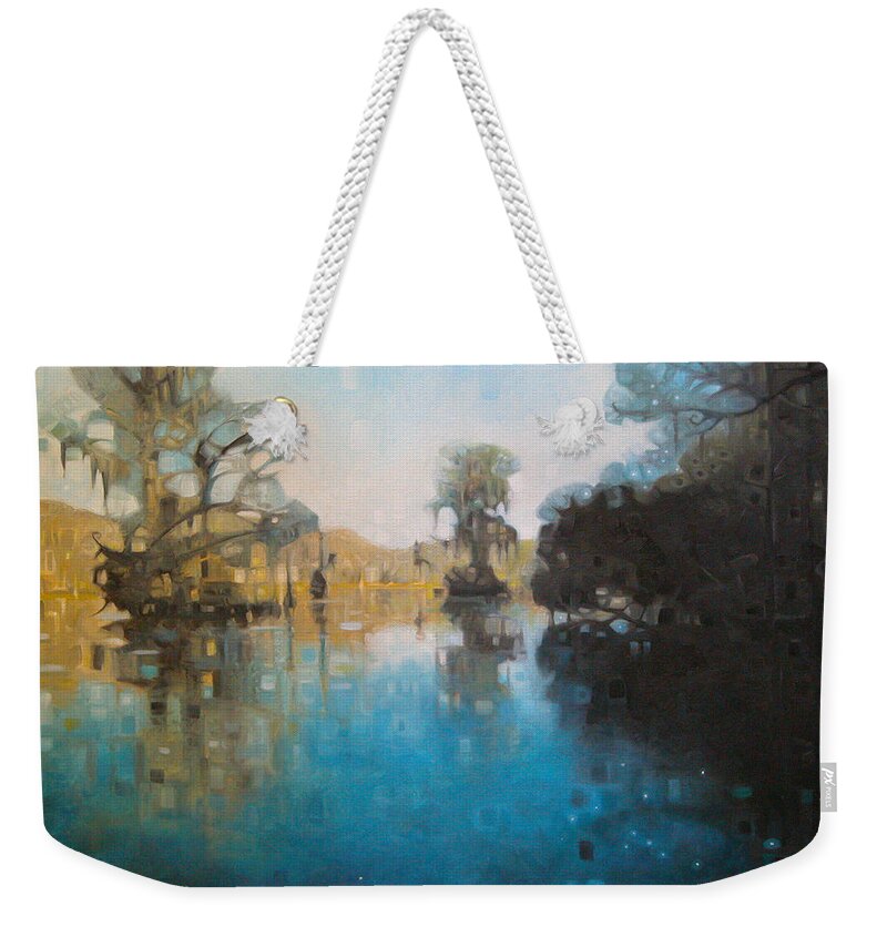 Wakulla National Park State Park Swamp Cypress Trees Forest Landscape Woods Water Ocean Manatees Wildlife Spanish Moss Sunlight Weekender Tote Bag featuring the painting Wakulla Springs Florida by T S Carson