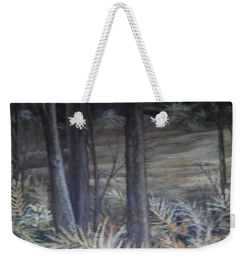 Peaceful Walk In The Woods. Weekender Tote Bag featuring the painting Walk in the Woods by Joan Clear